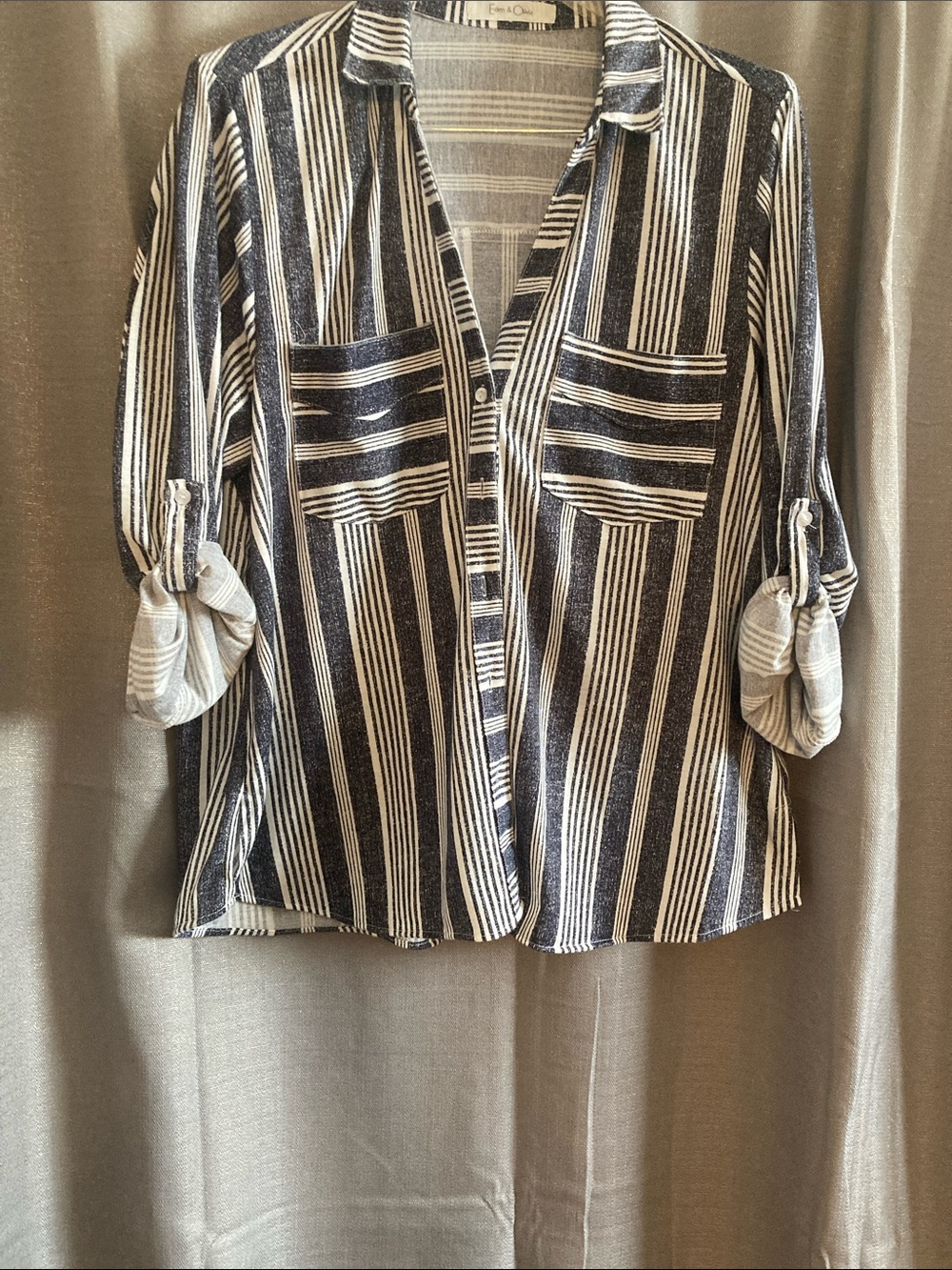 Eden & Olivia Navy and White Striped Roll-Tab Button-Down Shirt